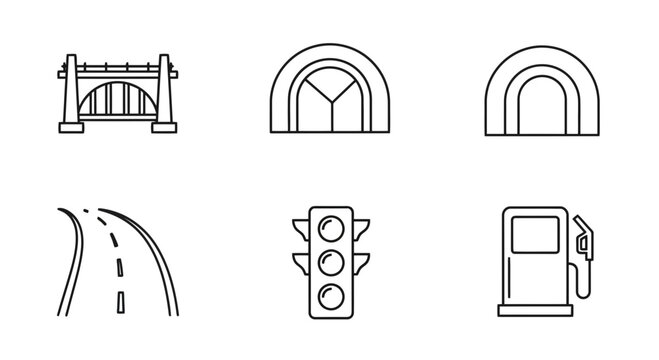 Collection of linear vector icons representing key transportation infrastructure, including bridges, tunnels, winding roads, traffic lights, and gas pumps, perfect for modern design projects