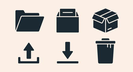 Fototapeta premium Simple graphic symbols for digital tasks folder, inbox, box, upload, download, and delete, useful for software and website design and user interfaces
