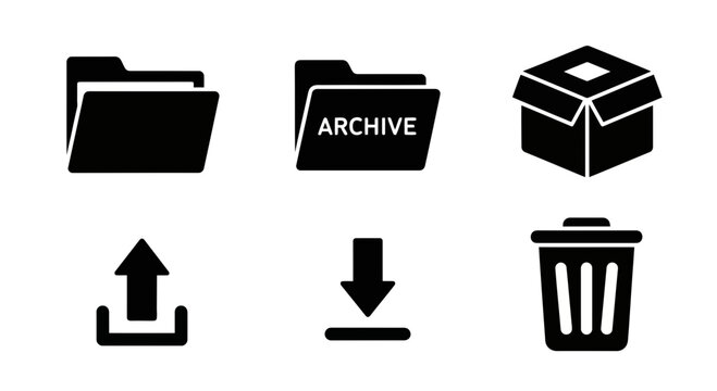 Collection of file management and data organization icons, including folders, archive, upload, download, and trash symbols