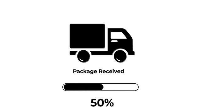 Minimalist black silhouette of a delivery truck with the text Package Received and a progress bar showing 100 percent completion on a white background symbolizing delivery confirmation and