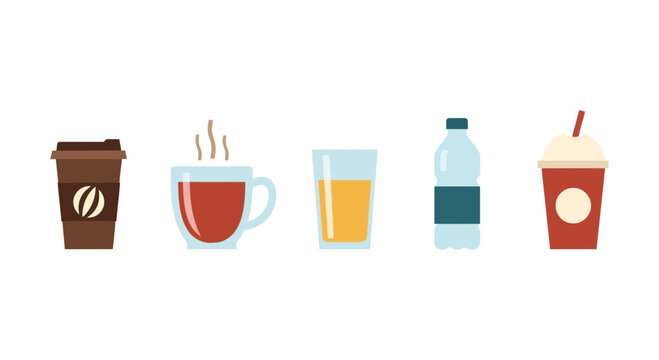 Diverse set of modern flat design beverage icons including coffee, tea, water, juice, and cold drinks, perfect for menus, apps, or website graphics