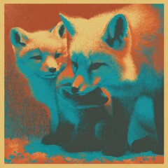 Fototapeta premium Fox Family Scene With Mother and Kits in Warm Colors, Highlighting Wildlife Interaction and Domestic Life in a Natural Setting