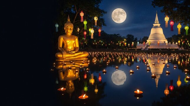 Serene Vesak festival background with glowing Buddha statue, lanterns and full moon over lake