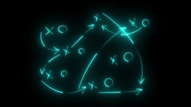 Glowing neon line American football plays - loop American football game plan diagram of Xs and Os offensive strategy with alpha matte in high definition. Animation motion graphics 4k video