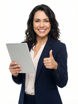 Empres&aacute;ria brasileira confiante e sorridente de terno azul segurando um tablet e mostrando o polegar para cima isolada em fundo branco