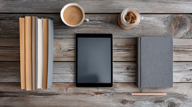 Modern Desk Setup Featuring Books, Tablet, and Coffee in a Minimal Layout Taken From Above Using a 50mm Lens at F2.8 Aperture