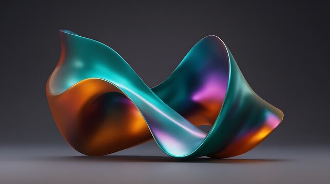 Abstract 3D Iridescent Fluid Sculpture with Vibrant Metallic Gradient Mobius Strip Design, Modern Futuristic Digital Art for Creative Backgrounds and Minimalist Decor