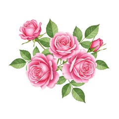 Naklejka premium A vibrant cluster of blooming pink roses with lush green leaves, digitally illustrated in a delicate style, perfect for adding natural beauty and romance to any design or special occasion