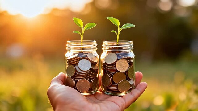 Hand holding jars with coins and growing plants