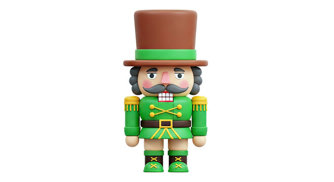 3D render of a cartoon nutcracker with green uniform and top hat