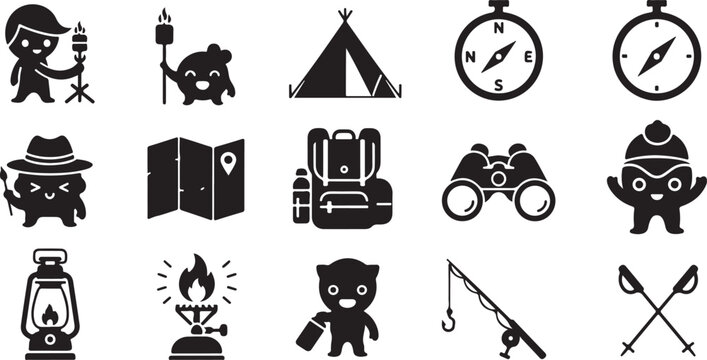 Black and white line collection of various animals and symbols line symbols tools transportation