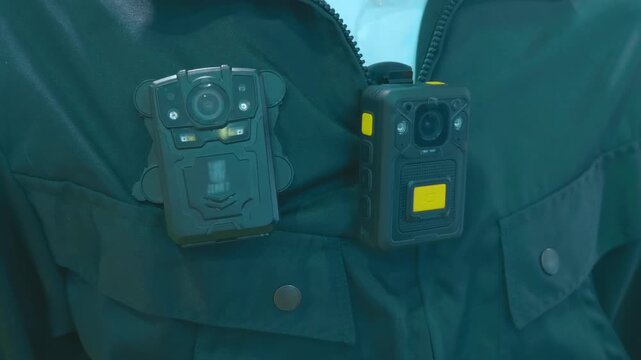 Two versions of police body cameras on uniforms are on display at the exhibition. Closeup. Shot in motion