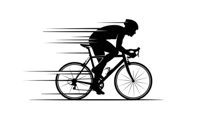 Fototapeta premium Silhouette of a Cyclist Riding a Racing Bicycle with Speed Motion Lines on Isolated White Background