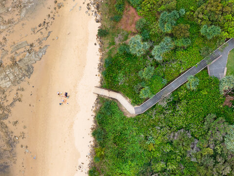 Aerial view of a staircase and path leading through coastal vegetation to a sandy beach