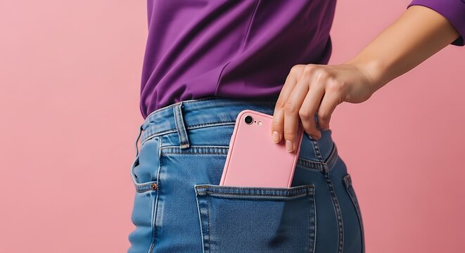 Woman putting pink smartphone into back pocket of blue jeans