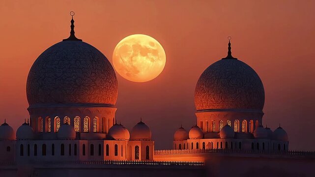 A serene and majestic view of the Sheikh Zayed Mosque illuminated by the setting sun, evoking feelings of peace and grandeur, ideal for travel blogs a