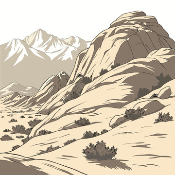 Desert landscape with large rocky hill and snow capped mountains in the background with bushes and sand