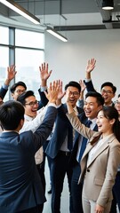 Obraz premium Team celebration event office space group photo professional environment joyful moment
