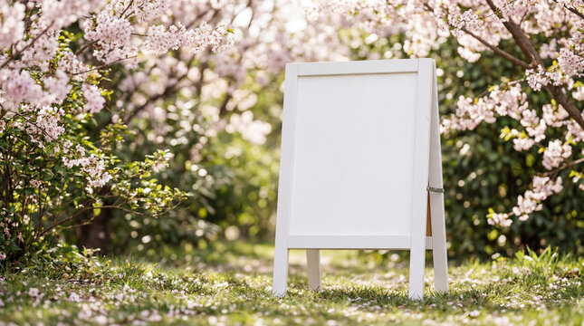 Blank white wooden A-frame chalkboard mockup standing in a garden with blooming cherry blossoms on a sunny spring day.