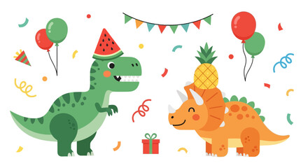Obraz premium Two dinosaurs celebrate a birthday party with balloons and confetti outside.