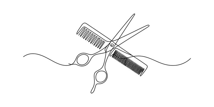 Continuous single line drawing of professional barber scissors and a comb for hair styling salon Vector, illustration