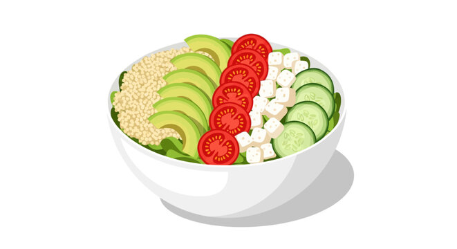 A bowl of quinoa salad with sliced avocado, tomatoes, cucumbers, and feta cheese.