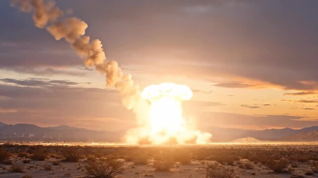 Tactical nuclear warhead falling with flames and black smoke trail at sunset, ballistic missile attack, imminent catastrophe, global security crisis.