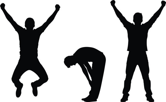 Silhouette of man expressing victory success and failure jumping in joy standing with arms raised and bending down feeling defeated