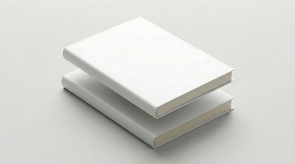 Fototapeta premium two blank white hardcover books stacked on light gray surface top view clean aesthetic minimalist composition for presentation or design concept.