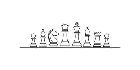 A detailed black and white line art illustration showing a complete set of classic chess pieces Vector, illustration © Badhon_Designer