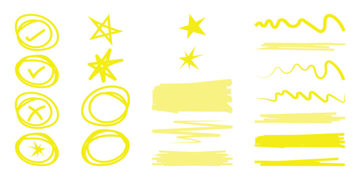 Hand Drawn Yellow Highlighter Marker Scribbles Set - Circles, Stars, Checkmarks, and Underline Strokes for Education and Business Design