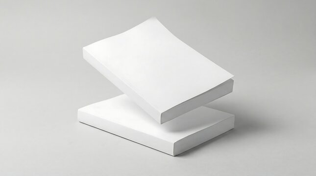 Two blank white books with soft covers floating in mid air against neutral grey studio background for minimalist editorial publication mockup design.
