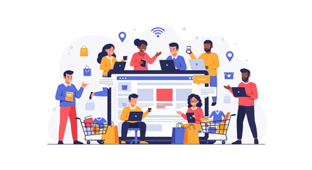 Fototapeta premium Online Shopping & E-commerce Concept with Diverse People Interacting on Digital Platforms