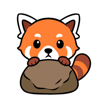 Cute Red Panda Peaking Behind the Rock Cartoon Illustration