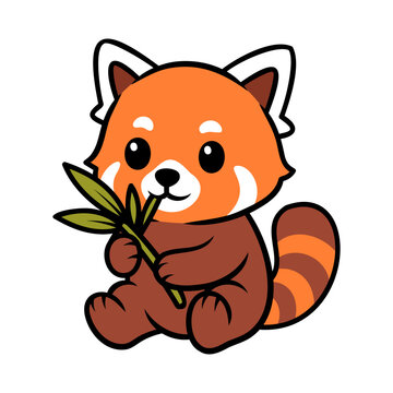 Cute Red Panda Eating Bamboo Cartoon Illustration