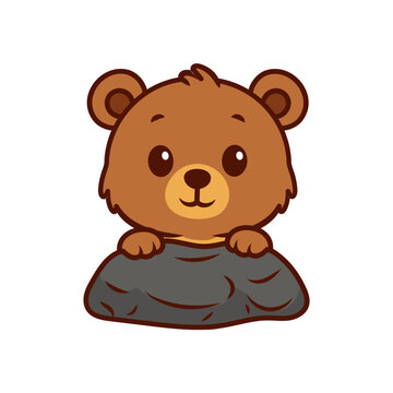 Cute Bear Peeking Behind the Rock Cartoon Illustration