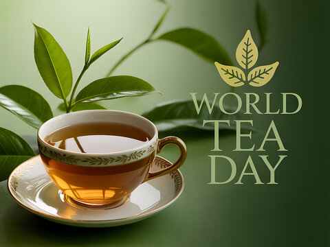 A cup of tea on a saucer with green leaves and a world tea day logo on a gradient green background