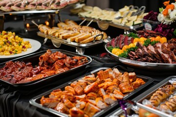 Obraz premium Catering buffet offers a wide variety of delicious grilled meats, fresh salads, and tempting appetizers