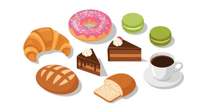 A colorful illustration of various baked goods and coffee on a white background