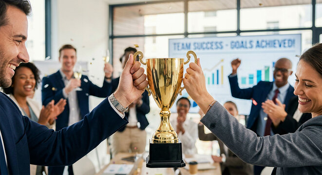 The best team helped each other reach their goals target to success. The hand of a business man and business women pick up the trophy and celebrate together. Teamwork of successful concept