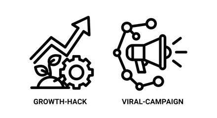 Growth hack and viral campaign marketing icons, business strategy expansion and social media megaphone promotion, simple black and white vector set © SM