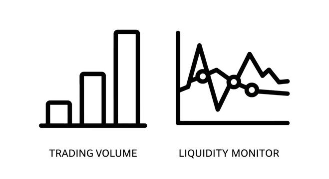 Trading volume and liquidity monitor financial data visualization icons with bar graph and line chart outline vector illustration for business analytics web