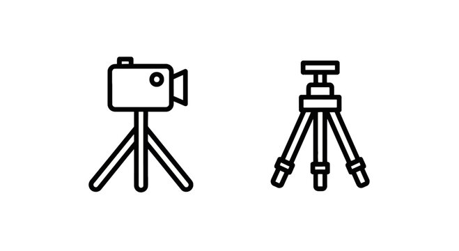 Set of minimalist line art icons featuring a professional camera on a tripod and a separate camera stand isolated on white background