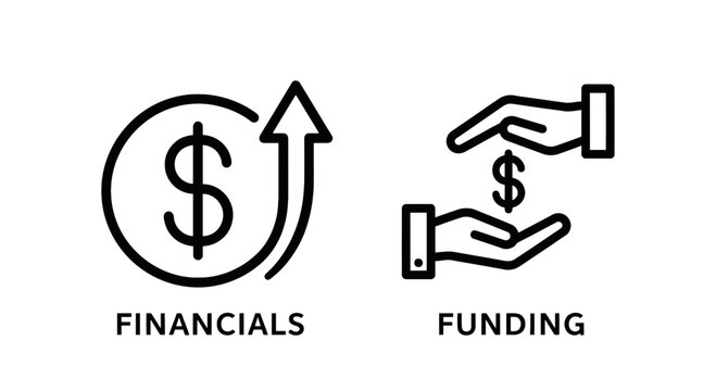 Financial business icon set featuring growth chart with dollar sign and hands exchanging money representing investment and funding