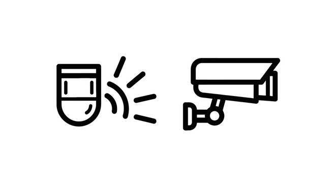 Security monitoring icon set with a motion sensor and a surveillance cctv camera for smart home safety and property protection systems