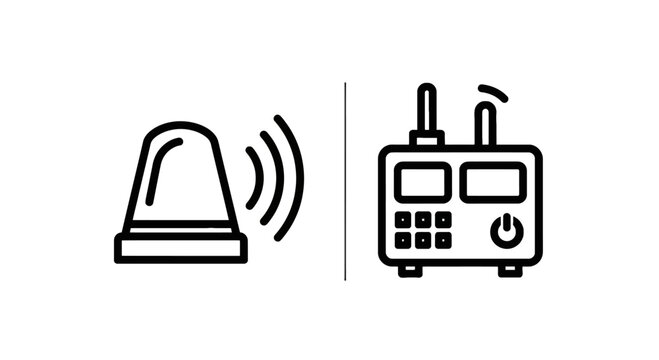Alarm signal and wireless transceiver radio icons for emergency alert and communication systems in industrial or public safety environments