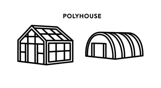 Polyhouse and greenhouse icons set showing agricultural structures and glass farming buildings for modern horticulture and gardening concepts