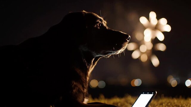A faithful canine companion lies calmly, its silhouette dramatically framed against a brilliant nocturnal fireworks spectacle, a quiet moment of observation