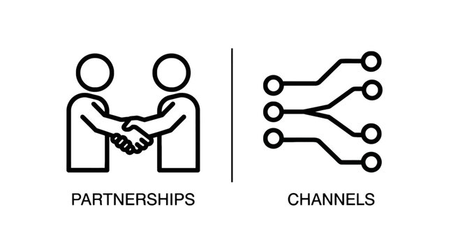 Partnership handshake and communication channels linear icons representing business cooperation and network connectivity symbols in black outline graphic sty