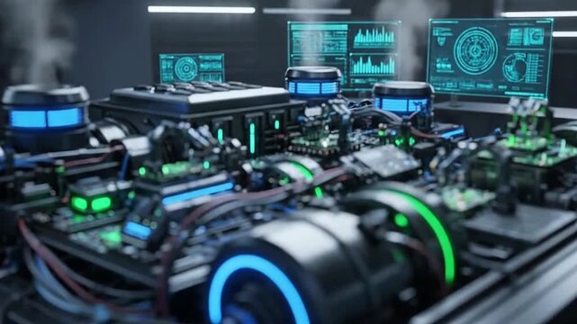 Futuristic cryptocurrency mining farm with glowing blue servers
